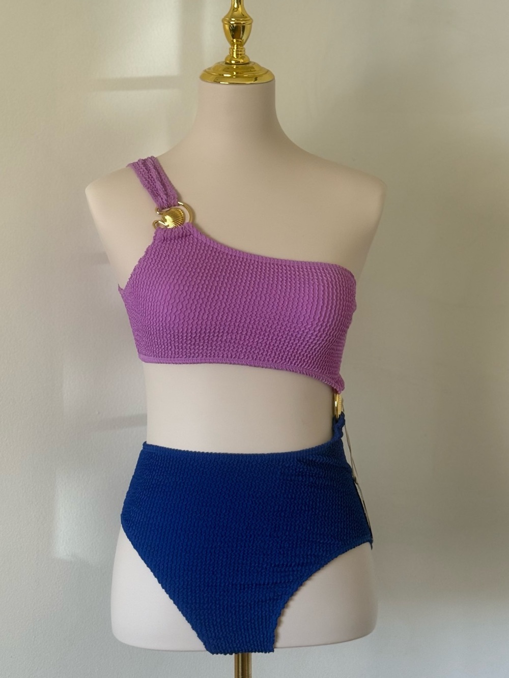 One Shoulder Two-Tone Bikini Top & High-Waist Bottom Purple & Royal Blue Size S